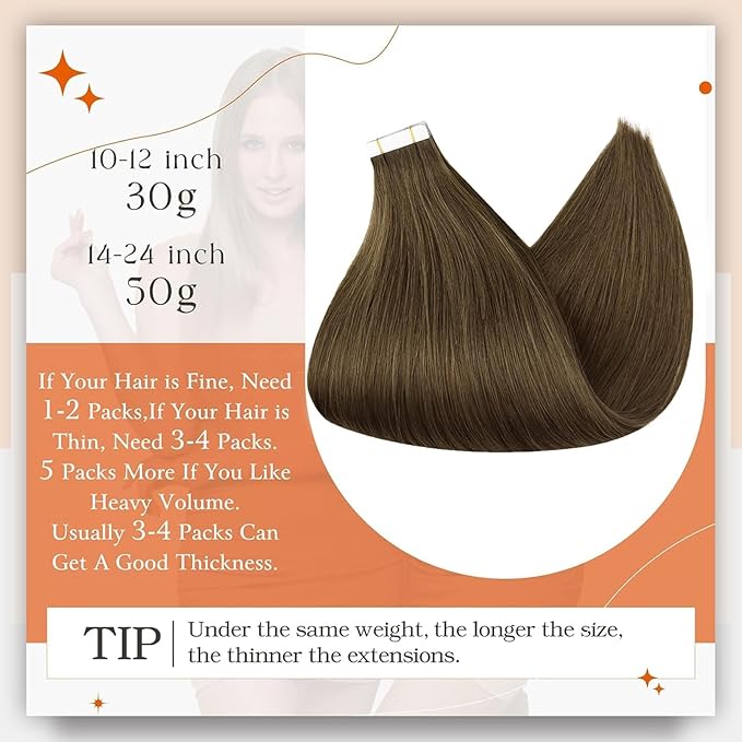 Full Shine Brown Tape in Hair Extensions Real Human Hair Color 3 Tape in Extensions 14 Inch Remy Extension Seamless Invisible Extension 50Gram Silky Straight Skin Weft 20Pcs for Wedding