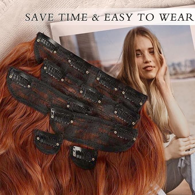 NAYOO Clip in Hair Extensions for Women 20 Inch Long Wavy Curly Copper Red Hairpieces Full Head Synthetic Hair Hairpieces(6PCS,Copper Red)