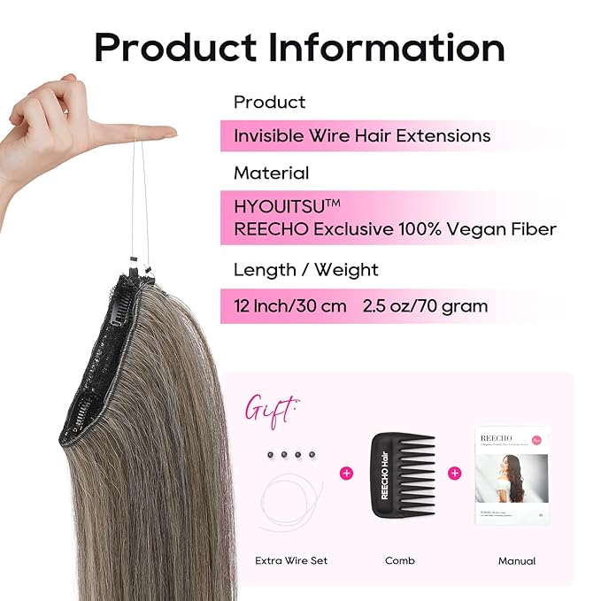 REECHO 12" Invisible Wire Hair Extensions with Thinner Softer Lace Weft Adjustable Size Removable Secure Clips in Short Straight Secret Hairpiece for Women - Ash Brown with Platinum Blonde Highlights