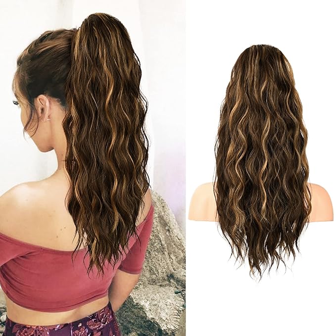 FLUFYMOOZ Ponytail Extension, 22 Inch Drawstring Ponytail Hair Extensions for Women， Long Curly Wavy Ponytail Natural Wavy Synthetic Hairpiece for Women(22 Inch Brown with Blonde Highlights)
