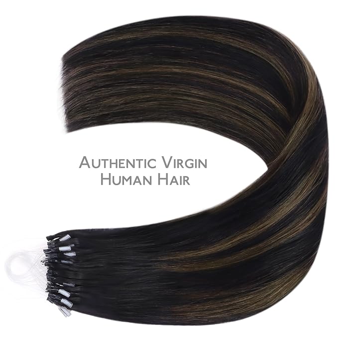 WENNALIFE Microlink Hair Extensions Human Hair, 50g 50s 22 Inch Balayage Natural Black to Chestnut Brown Remy Micro Bead Hair Extensions Real Human Hair Loop Ring Hair Straight Microlinks
