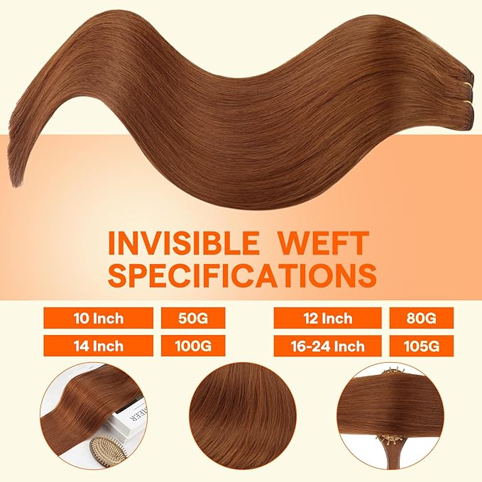 Full Shine Weft Hair Extensions Human Hair Sew In Remy Hair Color Copper Human Hair Extensions For Women Sew In Extensions Remy Straight Hair 18 Inch 105G Dark Auburn Soft Silky Hair