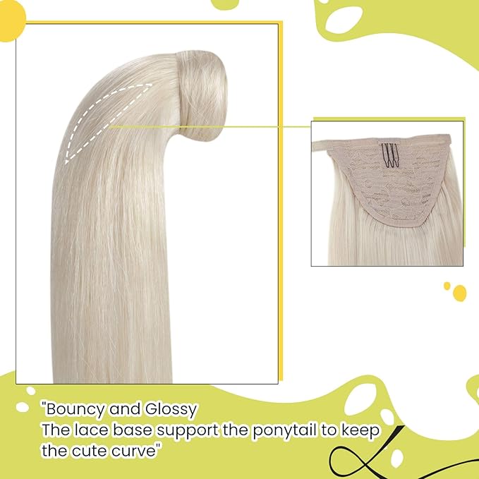 RUNATURE Real Hair Ponytail Extension 18 Inch 80g Ice Blonde Ponytail Human Hair Extensions Natural Clip in Ponytail Hair Extensions Real Human Hair for White Women Long Pony Tails Extension