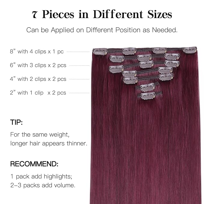 HOTBANANA Human Hair Clip in Hair Extensions, Burgundy 120g Clip in Hair Extensions Real Human Hair Straight Remy Hair 14 Inch 7pcs