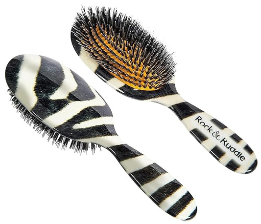Rock & Ruddle Natural Boar Bristle Hair Brush for Women and Children. Wet or Dry Hair Detangling, Smoothing and Blowdrying. Bring out a Healthy Shine. Zebra Print Design, (Small/Travel Size, 17.5cm)