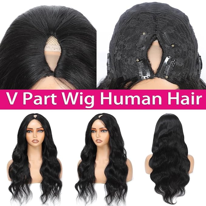 V Part Wig Human Hair Body Wave Upgrade U Part Human Hair Wig With Clips Glueless Wigs Human Hair Beginner Friendly V Shape Clip In Half Wigs for Women No Leave Out 180% Density 34 Inch
