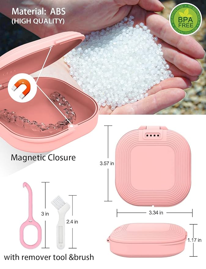 Retainer Case Compatible with Invisalign - Slim Mouth Guard Case with Remover Tool and Brush, Pink