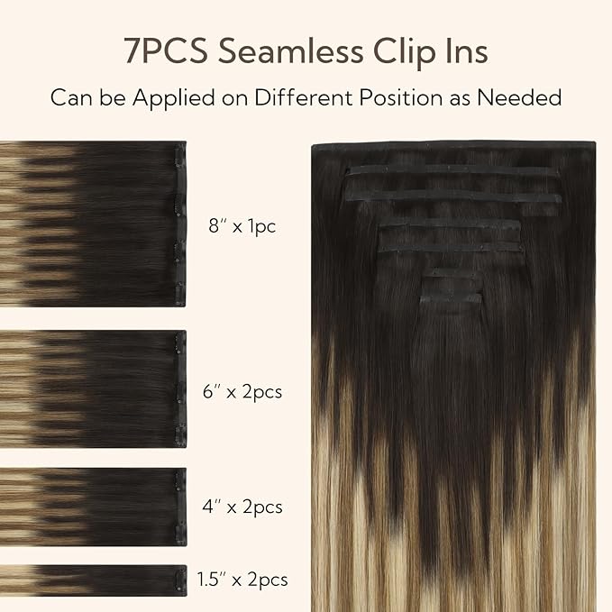HOTBANANA Seamless Clip in Hair Extensions, 16 inch 130g 7pcs Balayage Ombre Brown to Dirty Blonde Clip in Remy Human Hair Extensions Straight Hair Invisible PU Skin Weft