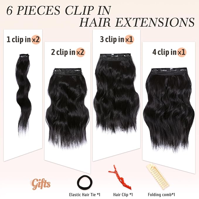 NAYOO Clip in Hair Extensions for Women 14 Inch Short Wavy Curly Natural Black Hairpieces Full Head Synthetic Hair Hairpieces(6PCS,Natural Black)