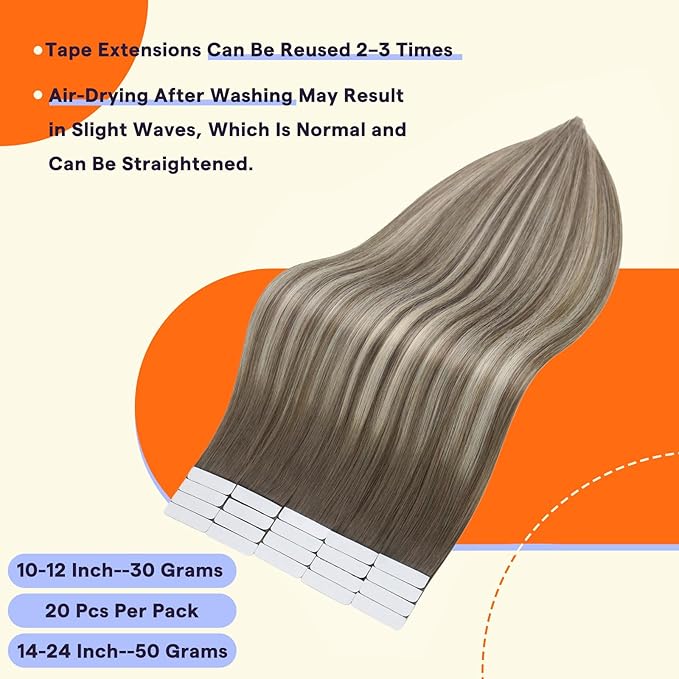 Full Shine Tape in Hair Extensions 22 Inch 50grams Ombre Straight Remy Tape Ins Human Hair Extensions Color 7 Fading to 1000 Blonde and 7 Brown Invisible Double Sided Extensions 20PCS Add Length