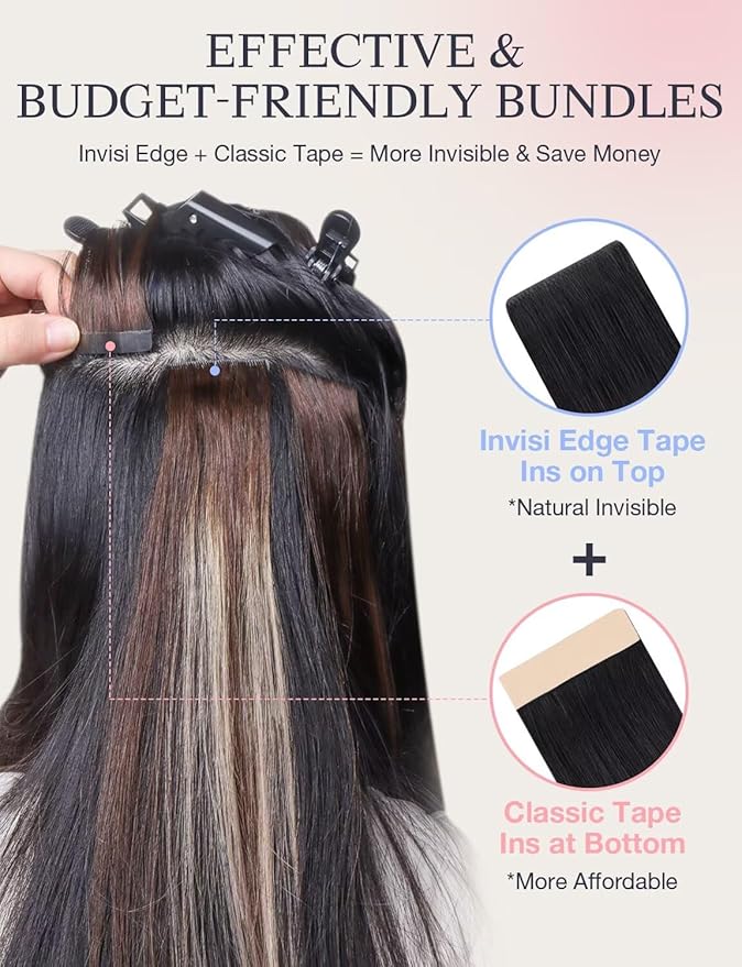 DOORES Invisi Edge Tape in Hair Extensions Human Hair, Natural Black 20 Injection Tape-ins with 20 Classic Tape-ins 100g 20 Inch, Injection Tape in Extensions Virgin Human