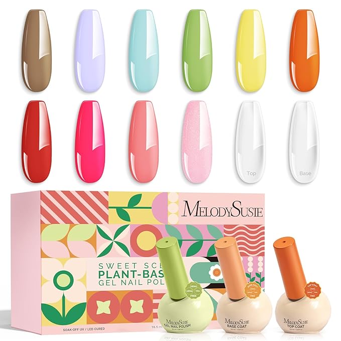 MelodySusie Highly Pigmented Gel Nail Polish Set,10 Dopamine Colors with 2 Top & Base Coat, TPO & HEMA Free Plant-Based Formula, 16.5ml Tilt-and-Stand Bottle, Gift for Nail Art at Home(Hot Pink)