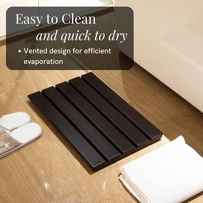 GOBAM Bamboo Bath Mat, Small, 19.7 x 13 x 1.3 inch - Non-Slip Floor Mat for Spa, Sauna, Kitchen, Indoor & Outdoor Spaces, Shower Mat for Bathroom Decor - (Black, 19.7" long)