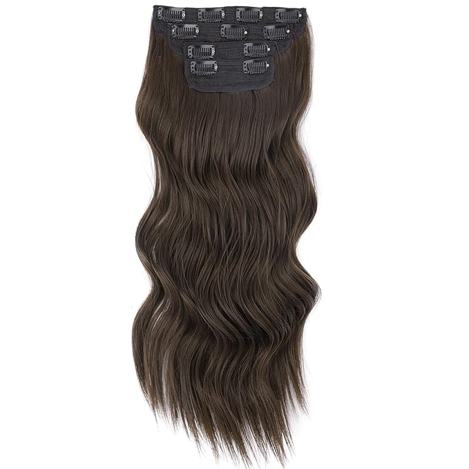 Vigorous Clip in Hair Extensions 4Pcs Chocolate Brown Long Wavy Hairpieces 20Inch Hair Extensions Clip Ins Soft Synthetic Hairpieces for Women