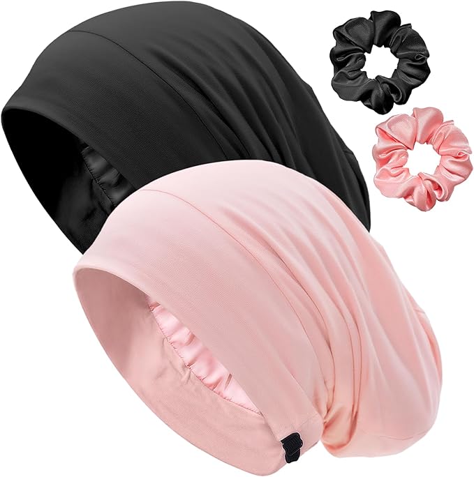 Satin Lined Bonnet for Sleeping Women Men - Adjustable Sleep Cap, Slouchy Beanie Hair Wrap for Curly Braid Locs