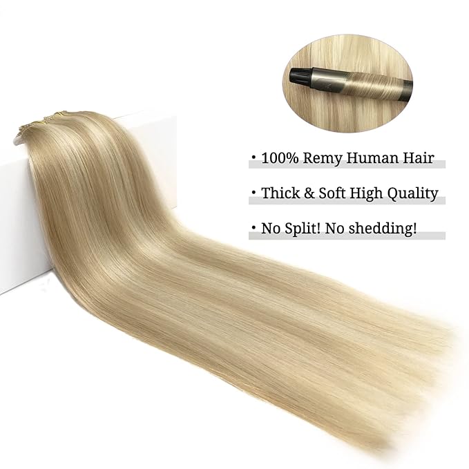 DOORES Hair Extensions Real Human Hair, Light Blonde Highlighted Golden Blonde 12 Inch 80g 7pcs, Remy Hair Extensions Clip in Human Hair Extensions Human Hair Natural Silky Straight
