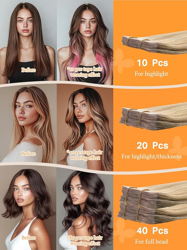 DOORES Hair Extensions Human Hair, Drity Blonde Highlight Golden Blonde 40pcs 100g 18 Inch, Human Hair Extensions Tape in Straight Hair Real Human Hair