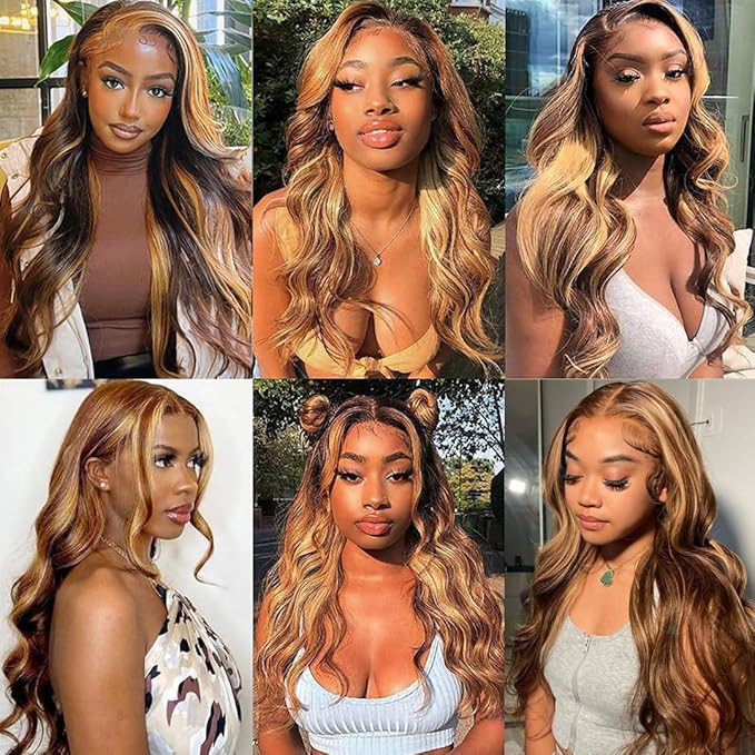 Highlight Ombre Lace Front Wig Human Hair Pre Plucked with Baby Hair 5x5 Body Wave Closure Wig 180% Density 4/27 Colored Honey Blonde Lace Front Wig for Women 26 Inch