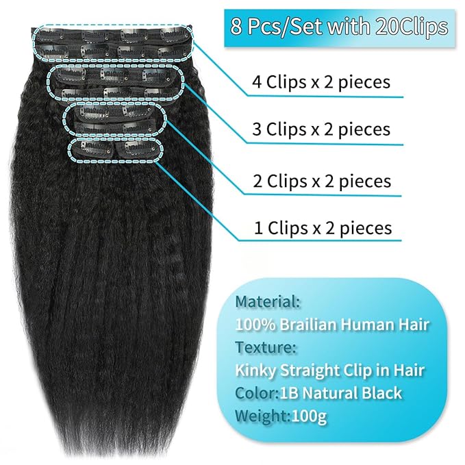 Kinky Straight Clip in Hair Extensions Seamless Clip ins Hair Extensions Real Human Hair Yaki Straight Real Human Hair for Black Women Natural Black 8Pcs 100g 20 Clips
