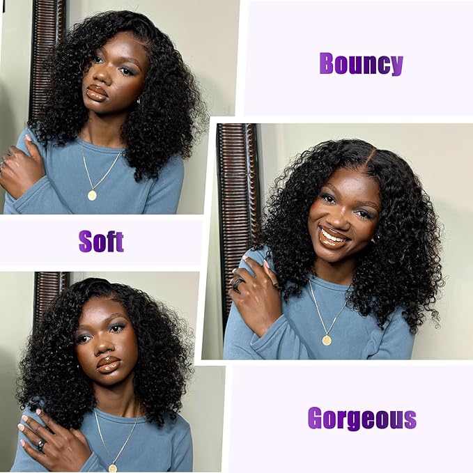 5x5 HD Bob Curly Lace Closure Wigs Human Hair 14 Inch Glueless Kinky Curly Bob Wig ReadytoGo Pre Plucked for Black Women HD Transparent 5x5 Invisible Deep Curly Lace Front Wigs Wear and Go