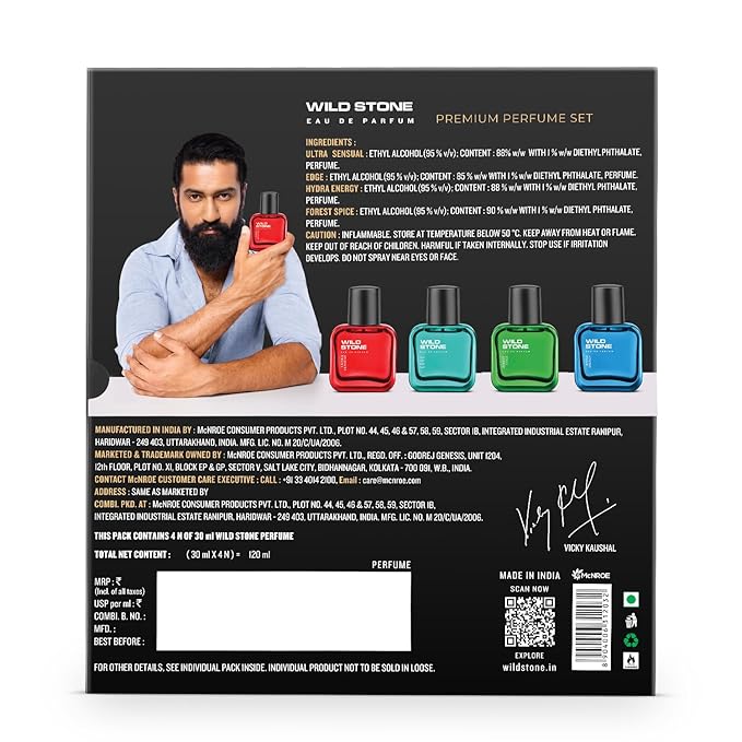 Wild Stone Men’s 4-Pack Eau de Parfum Gift Set (4 × 1 oz / 30 ml) — Edge, Ultra Sensual, Hydra Energy & Chief — Long-Lasting Masculine Fragrances