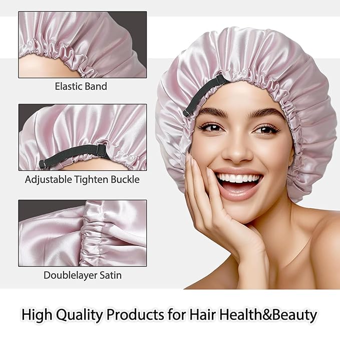 Large Microfiber Hair Towel Wrap & Satin Bonnet Set for Women, Ultra Absorbent Turban 24x42 Inches & Adjustable Night Cap for Curly Hair, Prevents Frizz & Breakage, Stocking Stuffers