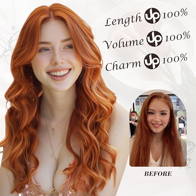 BARSDAR Ginger Copper Clip in Hair Extensions - 16 Inch 6PCs Full Head Beach Wavy Clip in Hair Extensions for Women - Voluminous Thick Soft Synthetic Hairpieces Daily Party Halloween- Ginger Copper