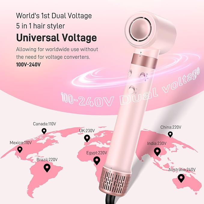 Dual Voltage Hot Air Styler Wrap - 5 in 1 Hair Dryer Brush with Fast Drying Blow Dryer, Styling, Straightening & Volumizing with Travel Bag (100V–240V) Gift for Women