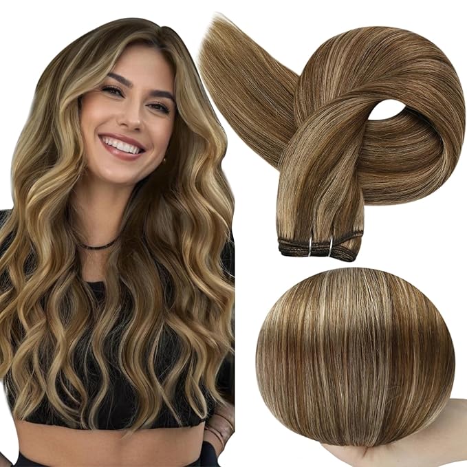 Full Shine Weft Hair Extensions Brown Sew In Extensions Remy Hair Highlight Hair Weft Sew In Color Brown Highlight Honey Blonde Human Hair Bundles 16 Inch 105G
