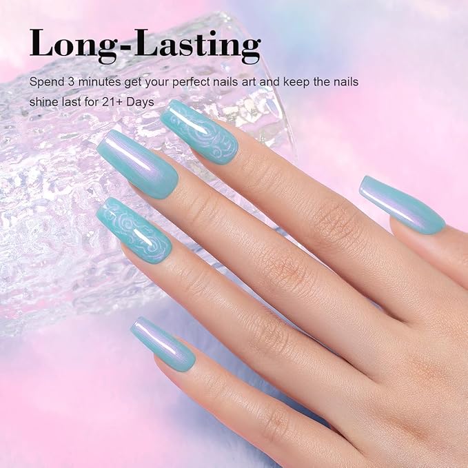 RARJSM Pearl Gel Nail Polish,15ML Lake Blue Pearlescent Gel Polish,Purple Red Shell Glitter Shimmer Mermaid Nail Gel Polish Soak Off LED UV Drawing Swirl Thread Effect for DIY Manicure Use
