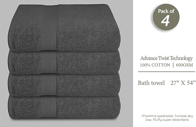 Softolle Luxury Bath Towels Set of 4 (27” x 54”) | Towels for Bathroom | Super Soft | Highly Absorbent Towels for Home, Spa, Gym (Grey)