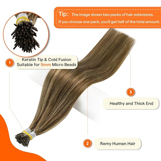 Full Shine I Tip Hair Extensions 18 Inch Brown Highlighted Honey Blonde Itip Human Hair Extensions Prebonded Extensions Remy Hair 40 Grams Straight Natural Hair for Women