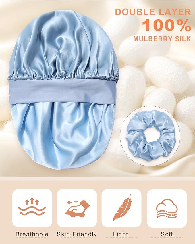 Mulberry Silk Bonnet Sleeping Women Curly Hair Bonnets Tie Band Double Layer Reversible Sleep Bonnet Silk Hair Wrap Sleep Cap