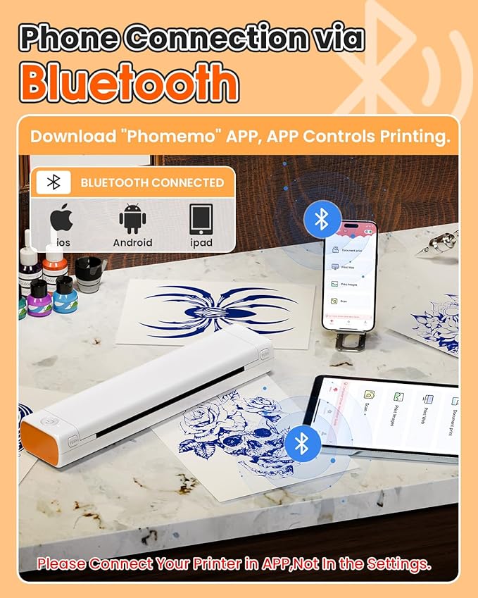 Phomemo Tattoo Stencil Printer, M08F Wireless Thermal Tattoo Printer with 10pcs Transfer Paper, Compatible with Phone/Tablet/PC, Tattoo Supplies for Tattoo Artists & Beginners, White & Orange