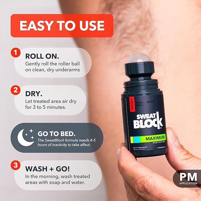 SweatBlock Maximum Strength Roll-On Antiperspirant for Men and Women 1.2 FL OZ Hyperhidrosis and Odor Control Formula Blocks Excessive Sweat for Days Per Application Dermatologist Recommended Solution