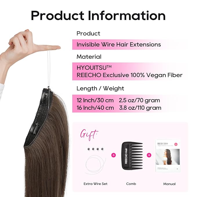 REECHO 16" Invisible Wire Hair Extensions with Thinner Softer Lace Weft Adjustable Size Removable Secure Clips in Short Straight Secret Hairpiece for Women - Chocolate Brown
