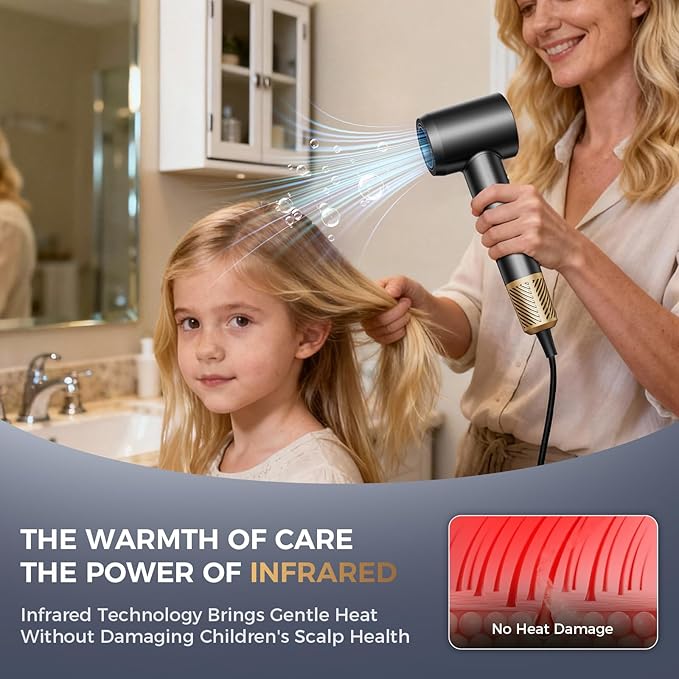 Infrared Hair Dryer - 160000 RPM Quiet lonic Blow Dryer for Women, with Frizz Control & No Heat Damage, Red Light & Negative Ions, Fast Drying, for All Hair Types