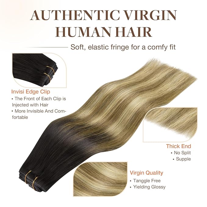 GOO GOO Invisi Edge Clip in Hair Extensions 16inch 140g 7Pcs Injected Seamless PU Clip in Hair Extensions, Virgin Real Human Hair, 2/6/18 Balayage Brown to Dirty Blonde