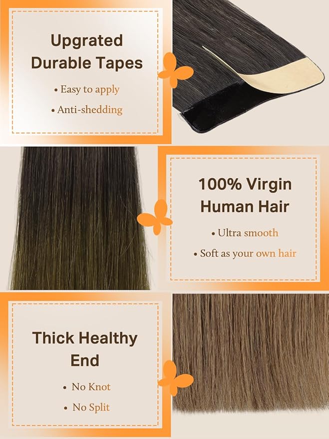 DOORES Tape in Hair Extensions Human Hair, Chocolate Dip Color Melt 22 Inch 50g 20pcs, Straight