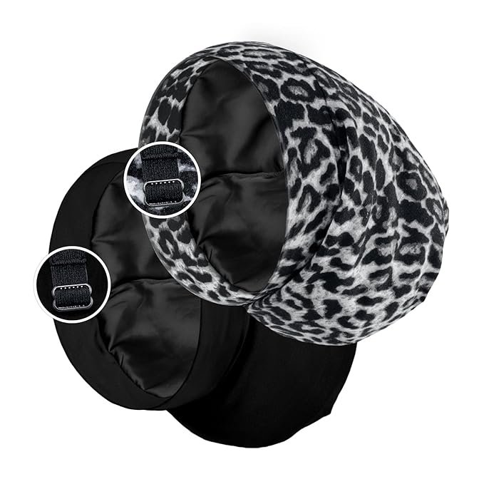 Satin Bonnet for Curly Hair and Braids, Night Cap with Adjustable Strap for Women and Men, Black and Black Leopard, Pack of 2