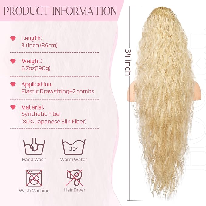 HOOJIH Ponytail Extension, 34 Inch Extra Long Drawstring Ponytail Honey Blonde Pony Tails Hair Extension Flurry Wavy Ponytails Soft Upgraded Synthetic Fiber Fake Ponytail Hairpiece for Women