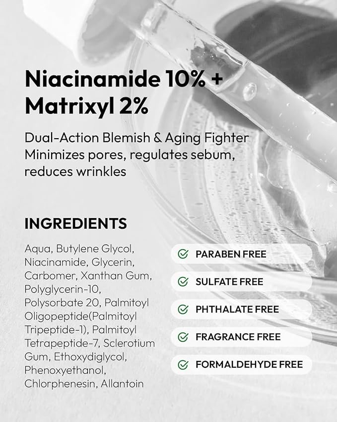 Niacinamide 10% + Matrixyl 3000 2% Serum - Minimizes Pores, Fights Wrinkles & Controls Oil, Multi-Action Anti-Aging Skincare Serum for Face - 1 Fl Oz / 30ml