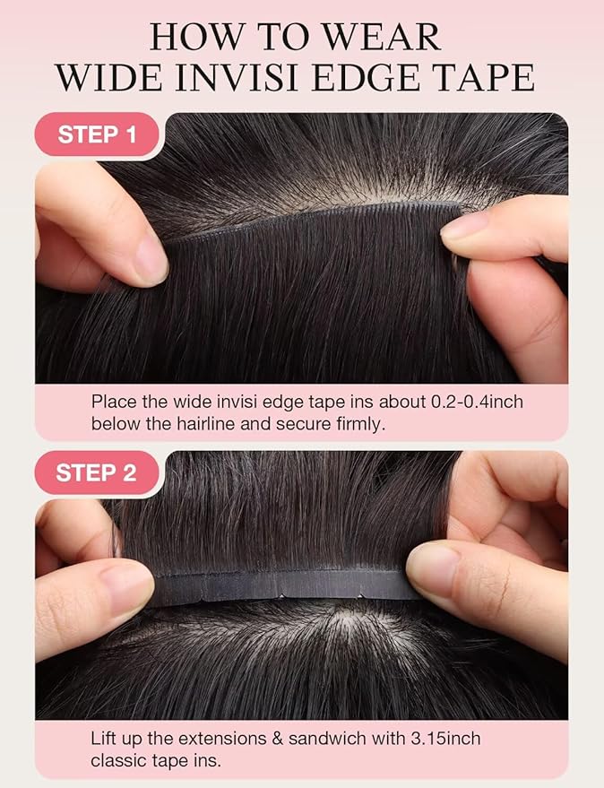 DOORES Invisi Edge Seamless Tape in Wide Hair Extensions Human Hair, Natural Black 4PCS Injection Tape ins 20g 20 Inch, 3 Inch Wide Injected Natural Virgin Human Extensions Invisible