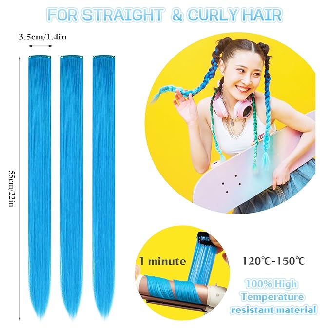 12 PCS Blue Hair Extensions Clip in, 22" Colored Highlights, Synthetic Straight Hair Piece DIY Accessories for Daily Party (LightBlue)