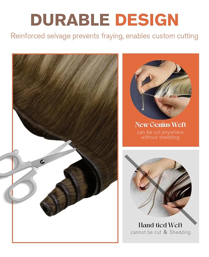 Sunny Hair Genius Weft Hair Extensions Human Hair Balayage Sew in Hair Extensions Genius Weft Dark Brown Roots to Light Brown Mix Blonde Sew in Hair Exetnsions Real Human Hair Invisible 14inch