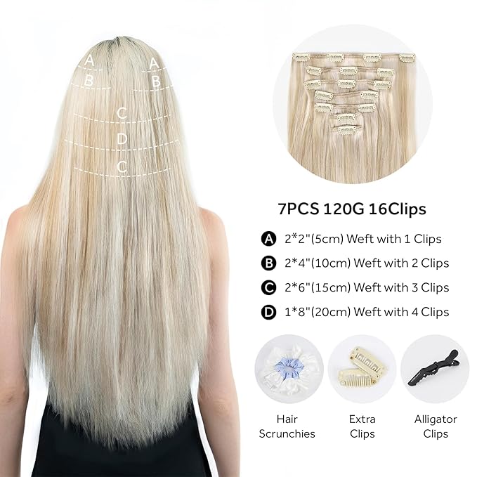 Clip in Hair Extensions Real Human Hair, 100% Remy Hair Extensions Clip Ins, Dark Blonde Highlighted Bleach Blonde Hair Extension for Women, #P18A/613A 22Inch 120G 7PCS