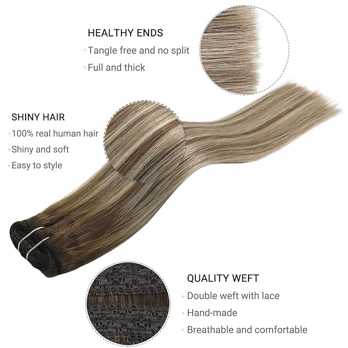 Hair Extensions Human Hair 16inch Clip in Extensions Balayage Walnut Brown to Ash Brown Mix Light Blonde Ombre Double Weft Real Human Remy Hair 120g 7pc