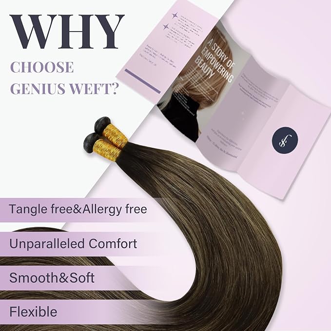 Fshine Genius Weft Hair Extensions Brown Balayage Human Hair 18 inch Sew in Dark Brown to Light Brown and Medium Brown Genius Weft Full Head 50 Grams