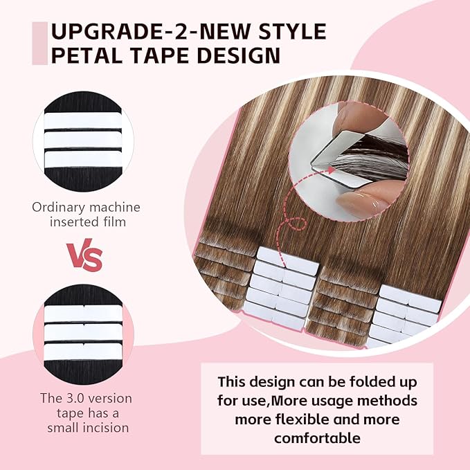 3rd-Generation Invisible Tape in Hair Extensions Human Hair #3/8/22 Walnut Brown to Ash Brown and Golden Blonde 20pcs 40g 18inch Insert Hand-Tied Tape ins Extensions（#3/8/22a-18inch）