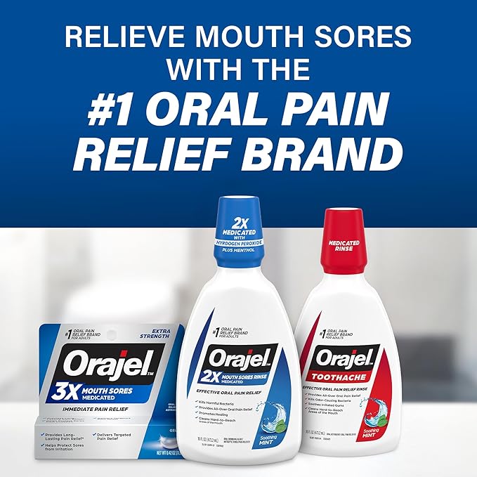 Orajel Nonseptic Mouth Sore Rinse 16oz, Soothing Mint Flavor, Provides Pain Relief, Promotes Healing, 3-Pack